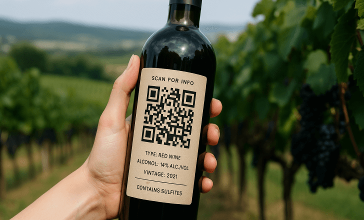 A woman holding a wine bottle labeled with a QR code for product info, photographed in front of a sunlit vineyard.