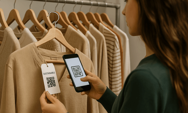 A woman scans a QR code on a sustainable clothing tag with her phone, standing in a neutral-toned store.
