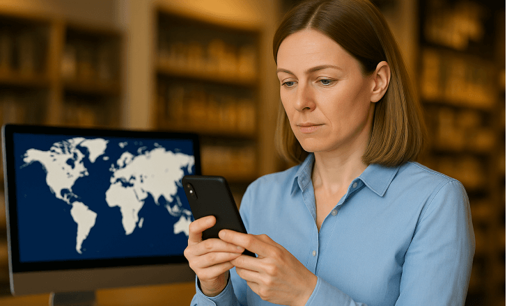 A woman using a smartphone in a store while a monitor behind her displays a world map, representing global content localization.