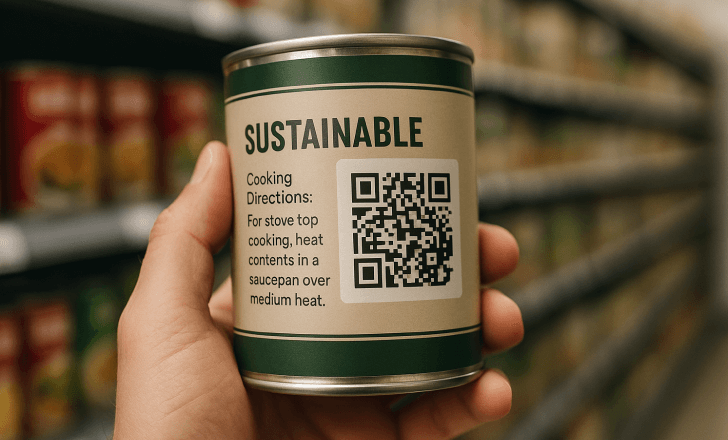 Canned food with a QR code and sustainable label held in a grocery store aisle