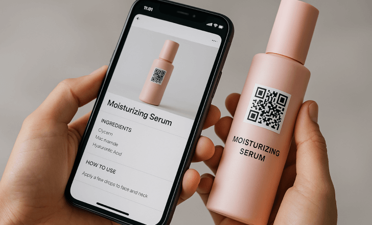 Cosmetic packaging with both a traditional barcode and a QR code side by side, placed on a clean white surface