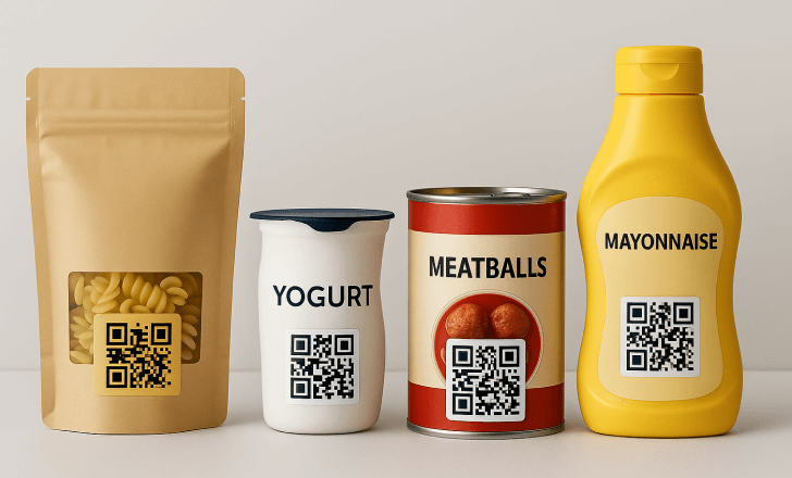 Four packaged food products (pasta, yogurt, canned meatballs, and mayonnaise) each showing a printed QR code on a clean background