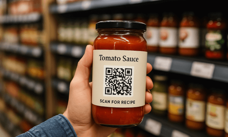 Jar of tomato sauce with QR code and recipe call-to-action held in a grocery store aisle