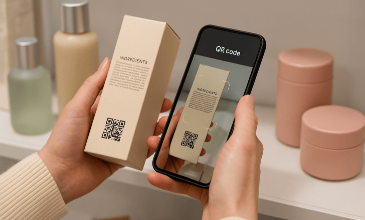 Luxury cosmetic box opened to reveal a QR code printed inside the lid, surrounded by elegant branding elements