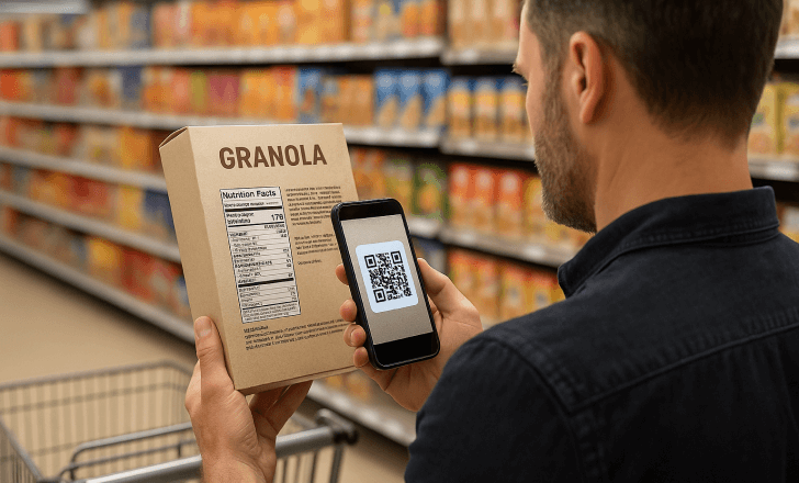 Man scanning a granola box QR code with smartphone in a supermarket aisle