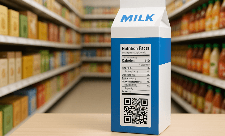 Milk carton displaying a QR code and nutrition facts on a shelf in a grocery store aisle