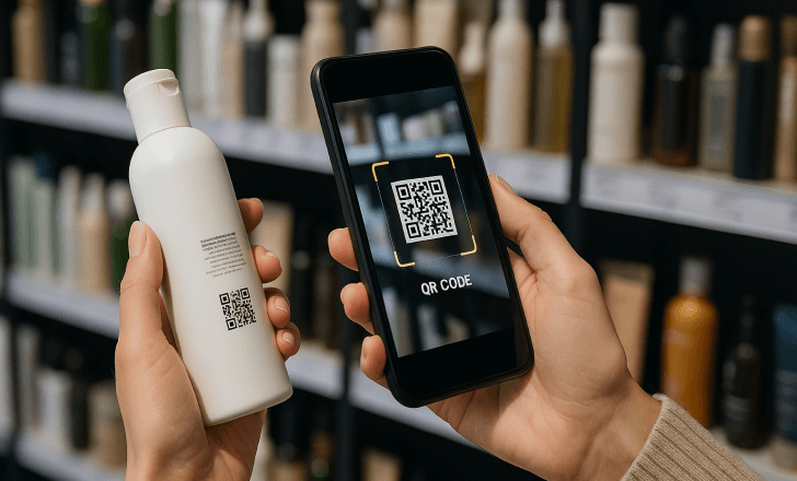 Mobile landing page on a smartphone showing a skincare tutorial video after scanning a cosmetic product QR code