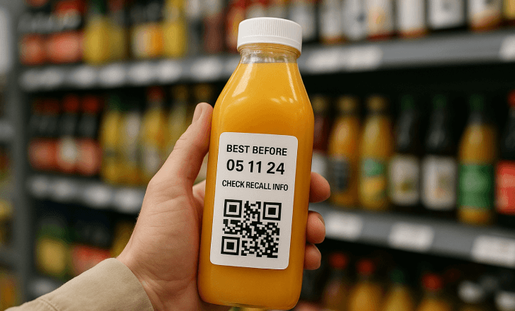 Orange juice bottle with best-before date and QR code for recall information in a grocery store