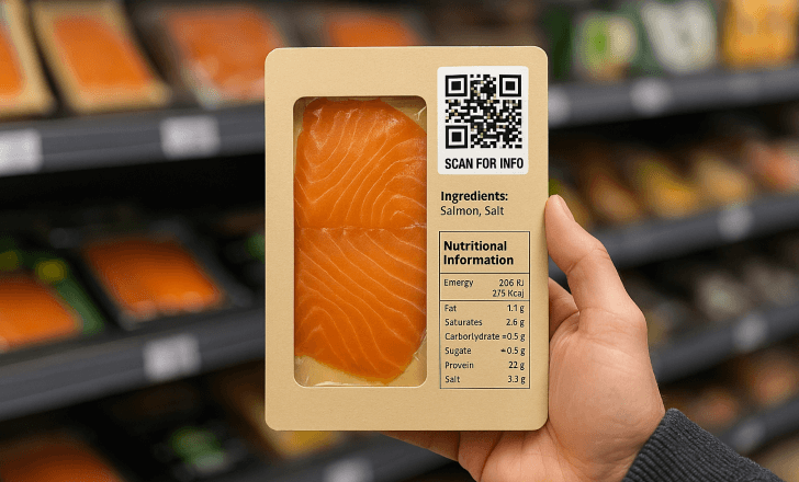 Packaged smoked salmon with QR code, nutritional facts, and ingredient list held in a grocery store aisle