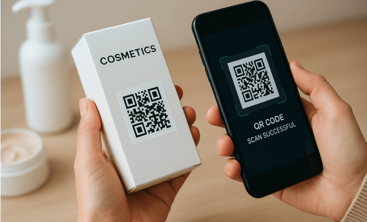 Person customizing a digital landing page on a laptop, with cosmetic products and a QR code sheet nearby