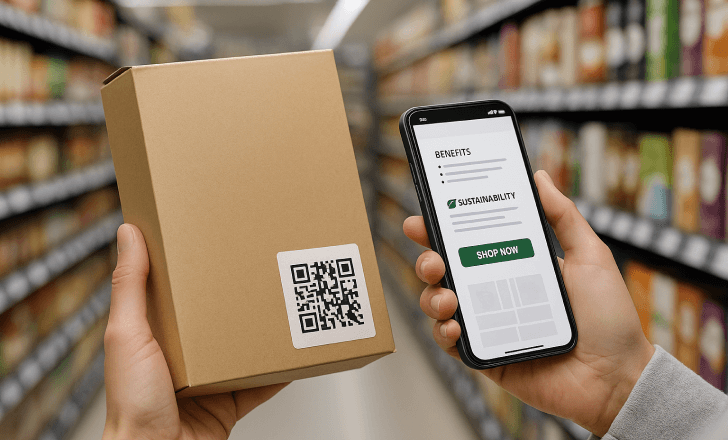 Person holding a product box with a QR code and viewing a mobile landing page showing sustainability and shopping options in a supermarket aisle