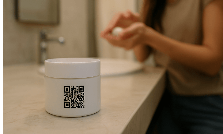 Person holding a smartphone showing a digital product passport of a cosmetic item, with eco and ingredient icons visible