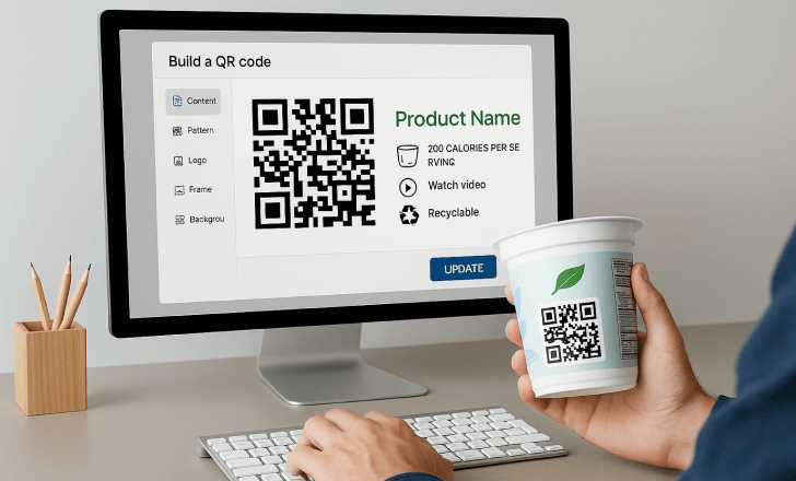 Person using a QR code editor on a computer to customize product packaging while holding a yogurt container with a printed QR code