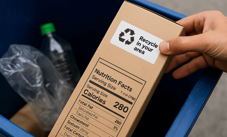 Recyclable food box with QR code and recycling instructions being placed in a blue bin