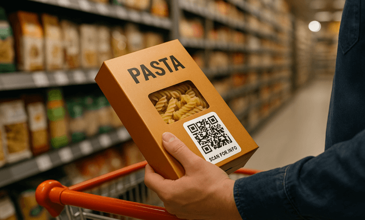 Shopper holding a pasta box with a QR code in a supermarket aisle near a shopping cart