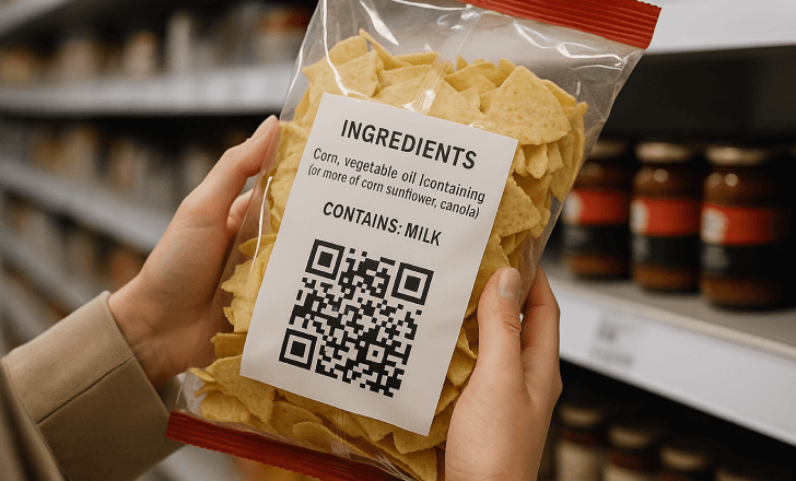 Tortilla chip package showing ingredient list, milk allergen warning, and a QR code in a grocery store aisle