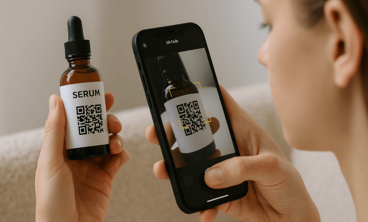 Young woman in a retail store scanning a QR code on a cosmetic product with a curious expression