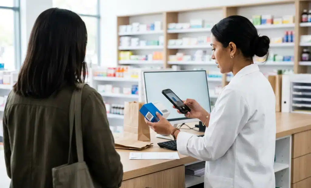Pharmacist scanning a QR code on drug packaging to check up to date medication information for a patient