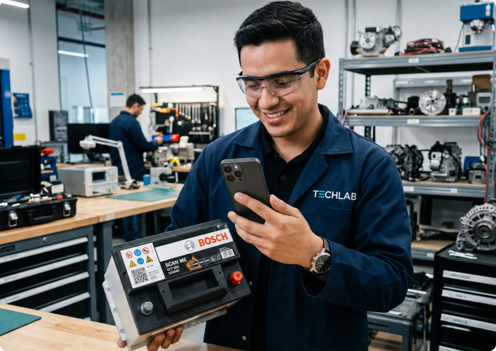 A technician scanning a battery with a phone, with a verified badge confirming the product information