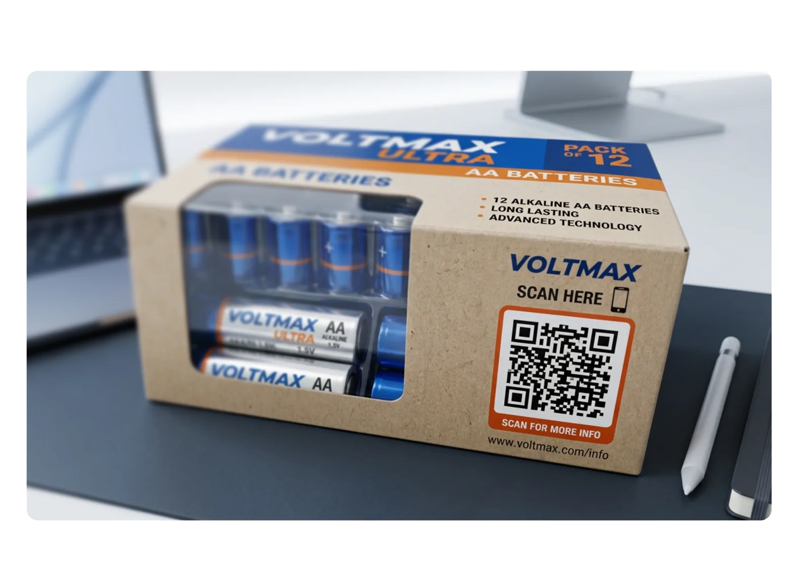 A VOLTMAX battery pack on a desk with a scannable QR code, and a phone rising to show the product information page the scan opens