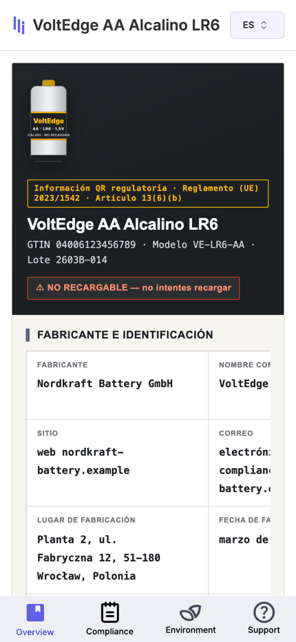 A battery Digital Product Passport page opening from a QR scan and moving through its Overview, Compliance, Environment and Support tabs on a phone