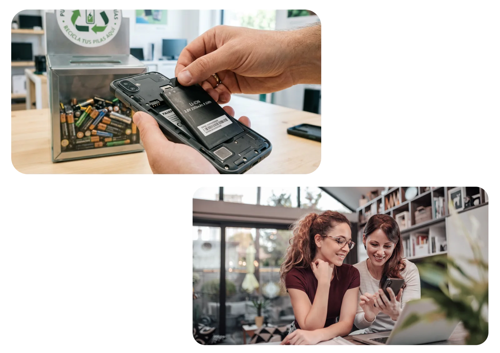 The battery lifecycle from recycling to shoppers checking a product on a phone, with data icons