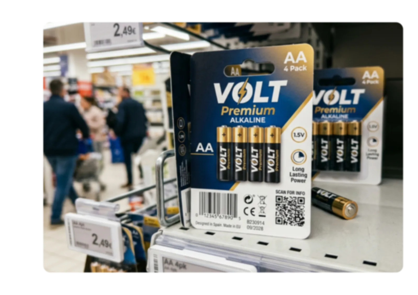 A shopper scanning the GS1 Digital Link QR code on a VOLT AA battery pack on the shelf to open its battery information page