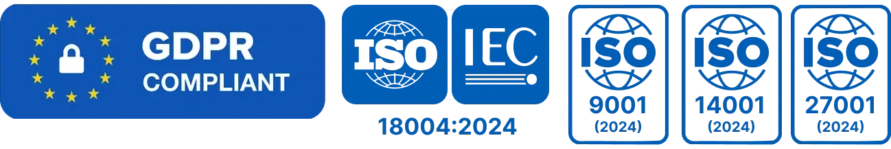 Digital Link certifications: GDPR compliant, ISO/IEC 18004:2024, ISO 9001:2024 (Quality Management), ISO 14001:2024 (Environmental Management), ISO 27001:2024 (Information Security Management)