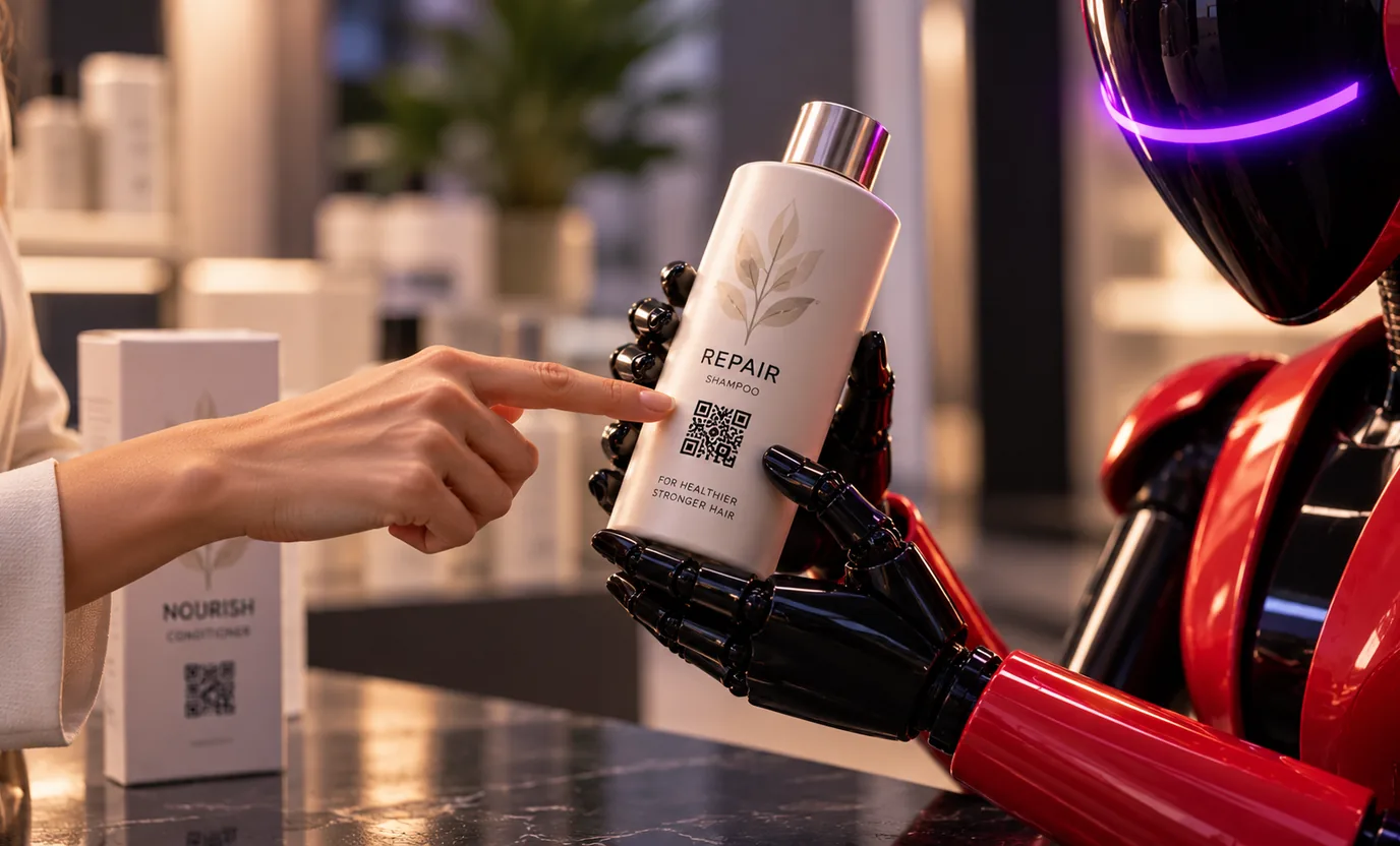 A shopper pointing at the exact shampoo bottle held out by a robot assistant