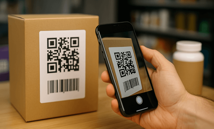 Close-up of a customer scanning a QR code on product packaging in a retail store.