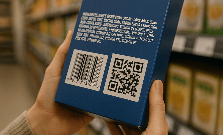 Customer holding a cereal box showing both a UPC barcode and a QR code on the back panel.