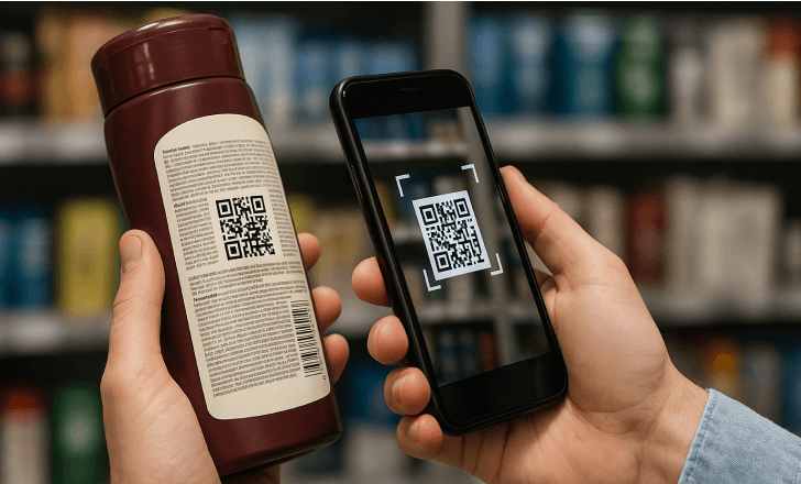 Customer scanning a QR code on the back panel of a shampoo bottle using a smartphone.