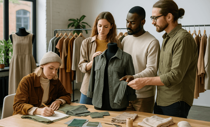 Designers collaborating on sustainable fashion garments in a modern studio, creating eco-friendly clothing