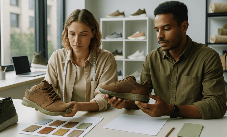 Footwear designers examining sustainable sneakers made from recycled materials in a modern studio