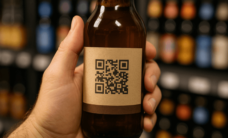 Hand holding a beer bottle with a QR code label in front of store shelves