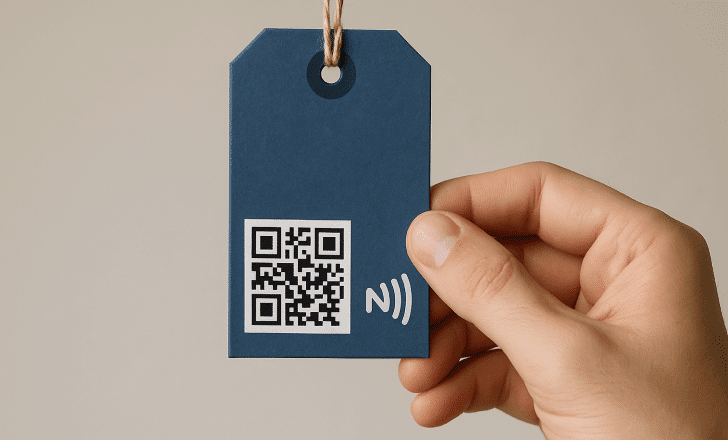 Hand holding a blue product tag with both QR code and NFC symbol