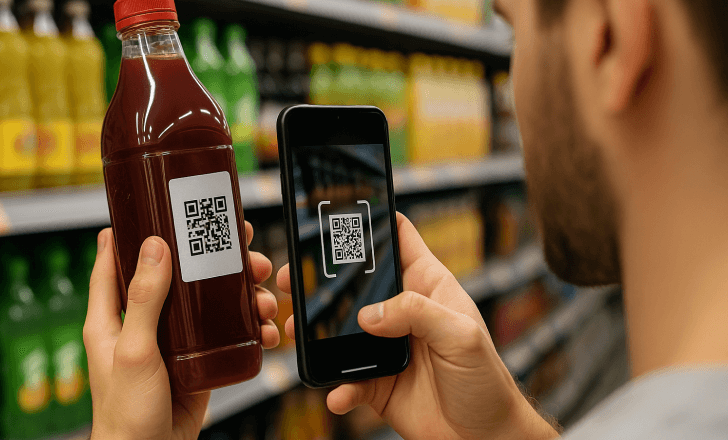 Man scanning a QR code on a juice bottle label in a supermarket aisle.
