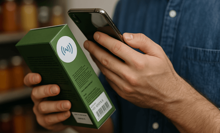 Man tapping a smartphone on an NFC-enabled green package in a grocery setting