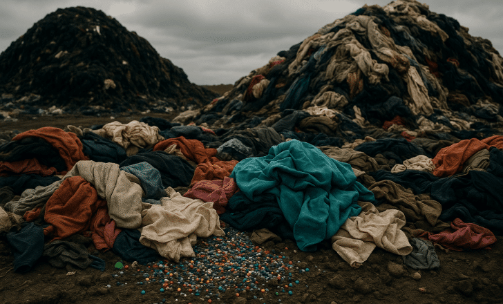 Massive piles of discarded textiles mixed with microplastic pellets illustrating the environmental impact of textile waste