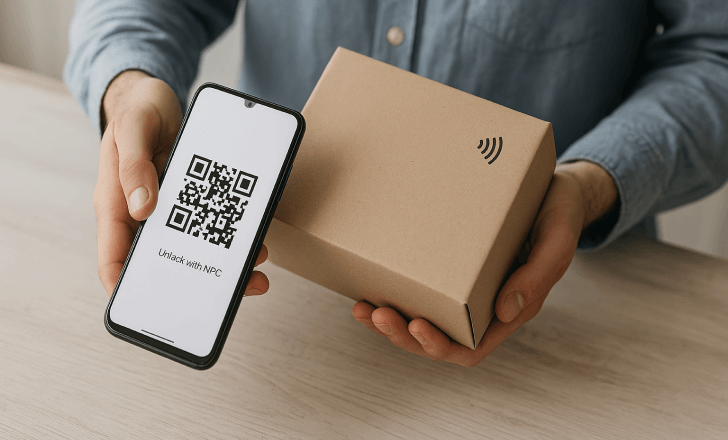 Person holding a smartphone showing a QR code next to a cardboard box with NFC symbol