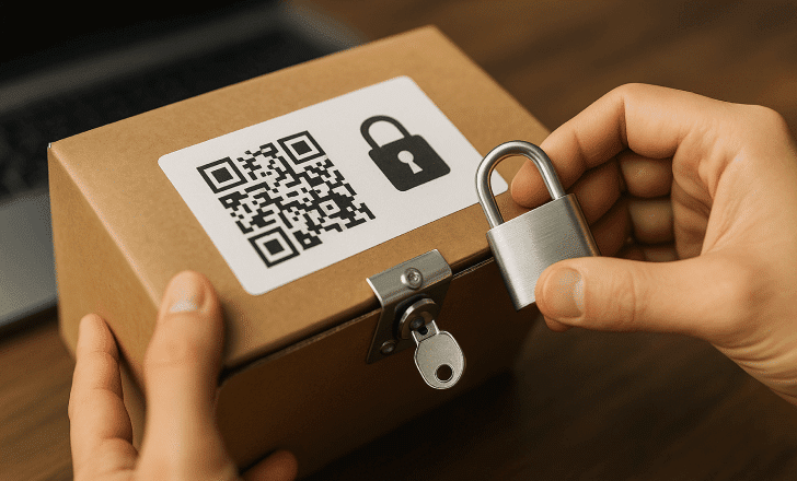 Person locking a cardboard box with a QR code and padlock icon label