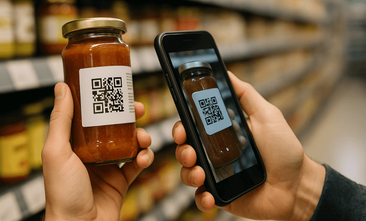 Person scanning a QR code on a jar of sauce in a grocery store aisle