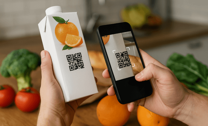 Person scanning a QR code on a juice carton with smartphone in a home kitchen