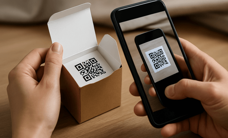 Scanning a QR code printed inside the flap of a product box using a smartphone.