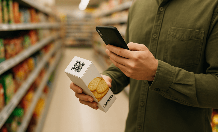 Shopper scanning a QR code on a box of crackers in a supermarket aisle.