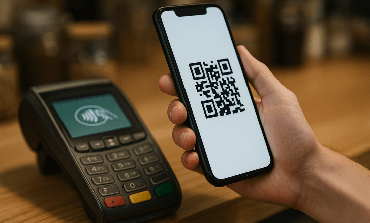 Smartphone showing a QR code near a contactless POS terminal on a wooden counter