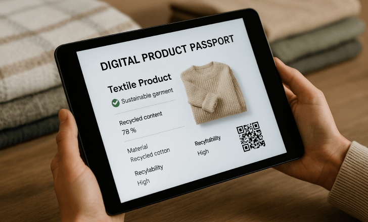 Tablet displaying a digital product passport for a sustainable garment with details on recycled content and materials