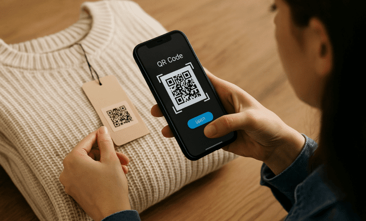 Woman scanning a QR code on a clothing hang tag with her phone showing a digital “Open” button.