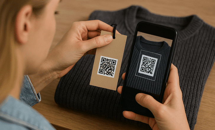 Woman scanning a QR code on a hang tag attached to a folded sweater.