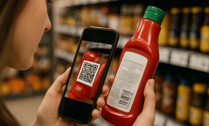 Woman scanning a QR code on the back of a ketchup bottle in a grocery store aisle.
